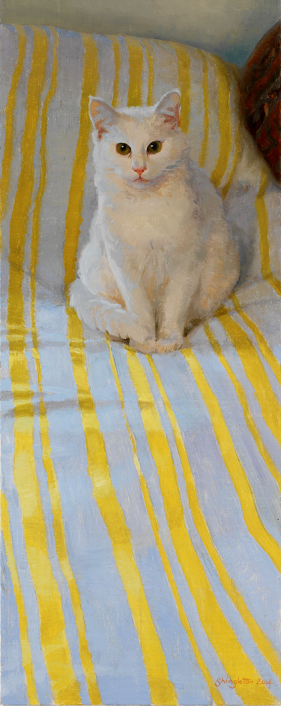 White cat and yellow stripes